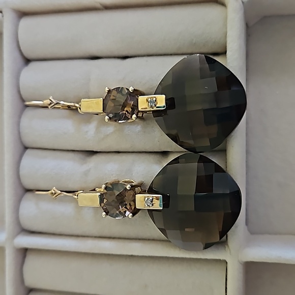 Jewelry - Vintage Smokey Topaz Diamond Accent Gold Drop Earrings